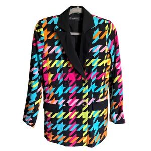New York & Company Neon Houndstooth Double Breasted Blazer Black Multi XS